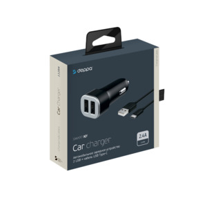 АЗУ 2 USB 2.4А + кабель USB Type-C, черный, Ultra, Deppa