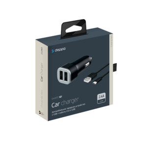 АЗУ 2 USB 2.4А + кабель micro USB, черный, Ultra, Deppa