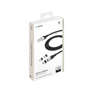 Дата-кабель USB 3 в 1: micro USB, USB-C, lightning , 2.4A, магнитный, ткань, черный, Deppa