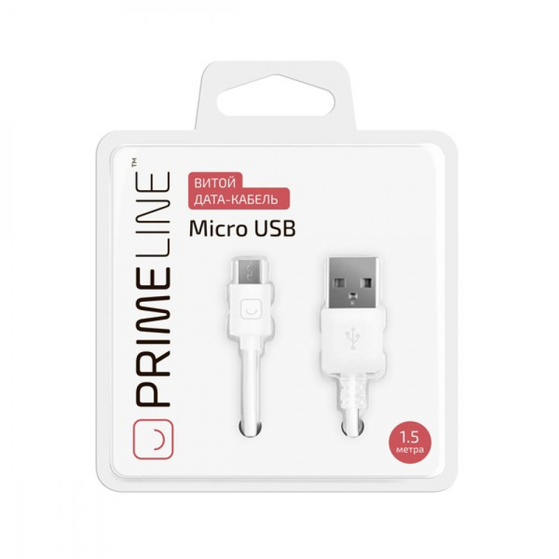Дата-кабель USB - micro USB, 1.5м, витой, белый, Prime Line